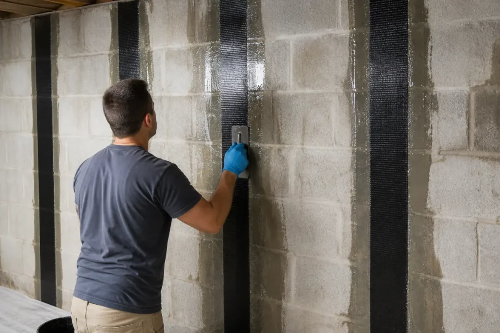 Contractor applying carbon fiber reinforcement straps to a basement wall.
