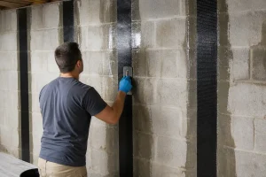 Contractor applying carbon fiber reinforcement straps to a basement wall.