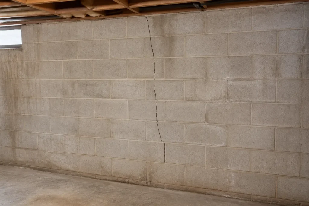 Vertical cracking in a basement concrete block wall.