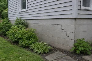 Settlement cracking along a residential block foundation.