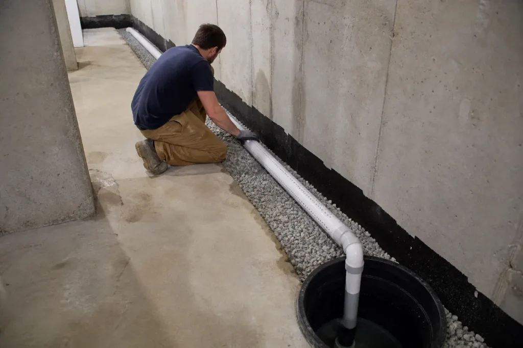 Contractor installing an interior French drain and sump connection.